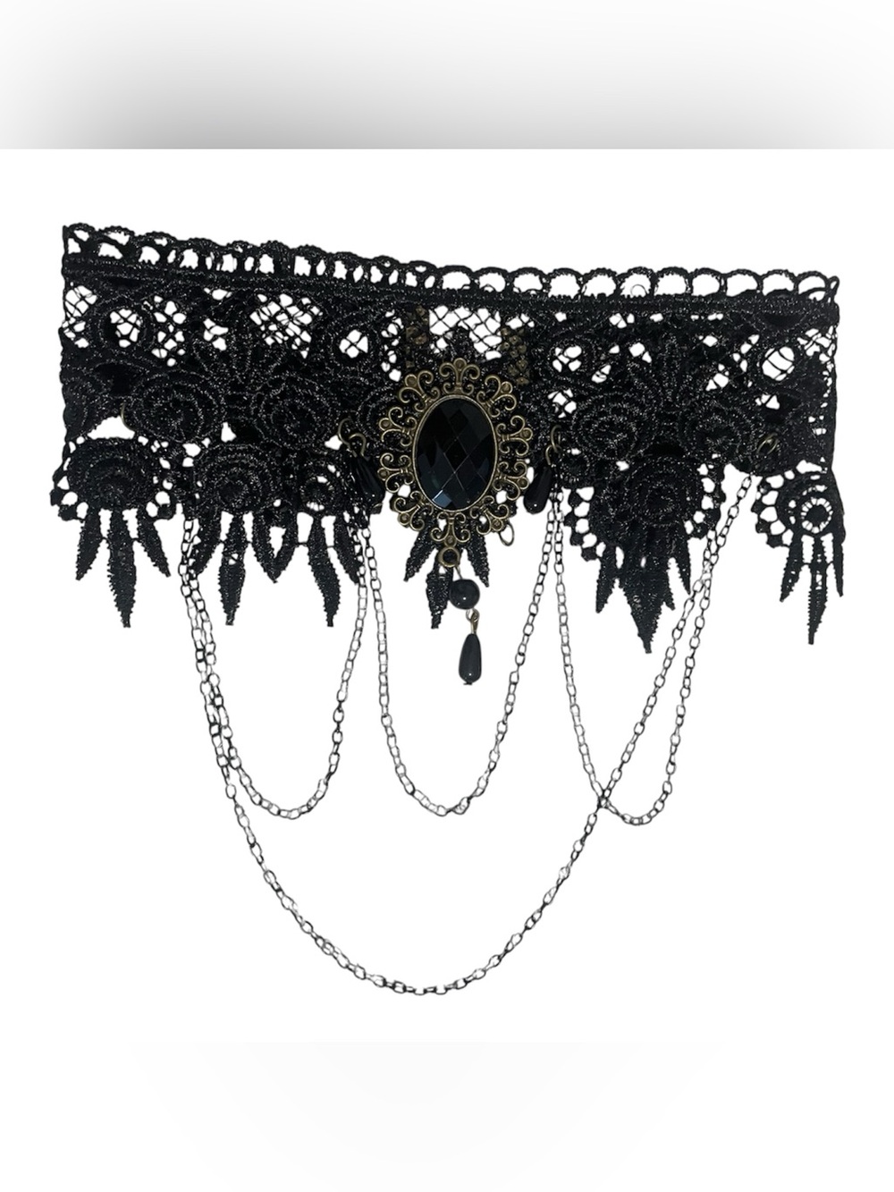 Victorian Black Lace Choker Necklace with Black Gem Accent